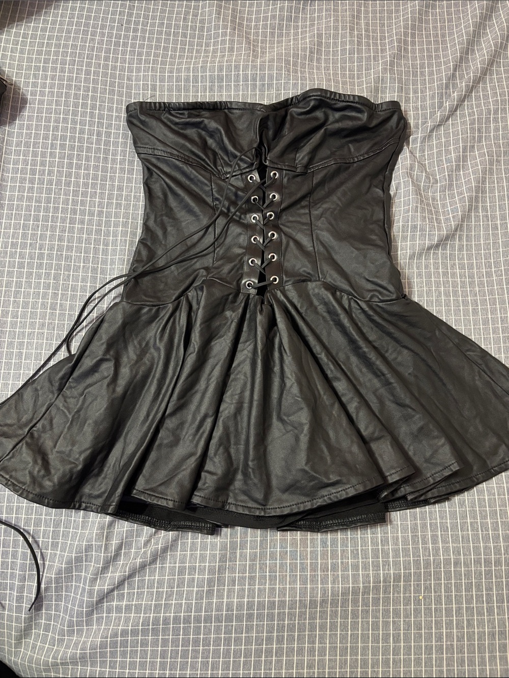 Black Strapless Lace-Up Faux Leather Skater Dress
